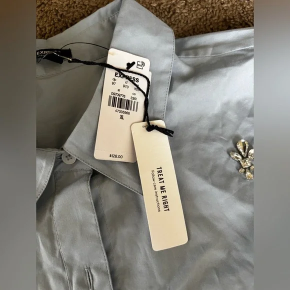 Express Jewel Poplin Blue Top - Picture 4 of 6